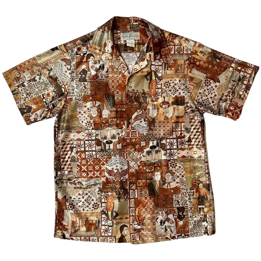 70s Vintage Novelty Print Button Up Shirt American History Folk Art Collage.